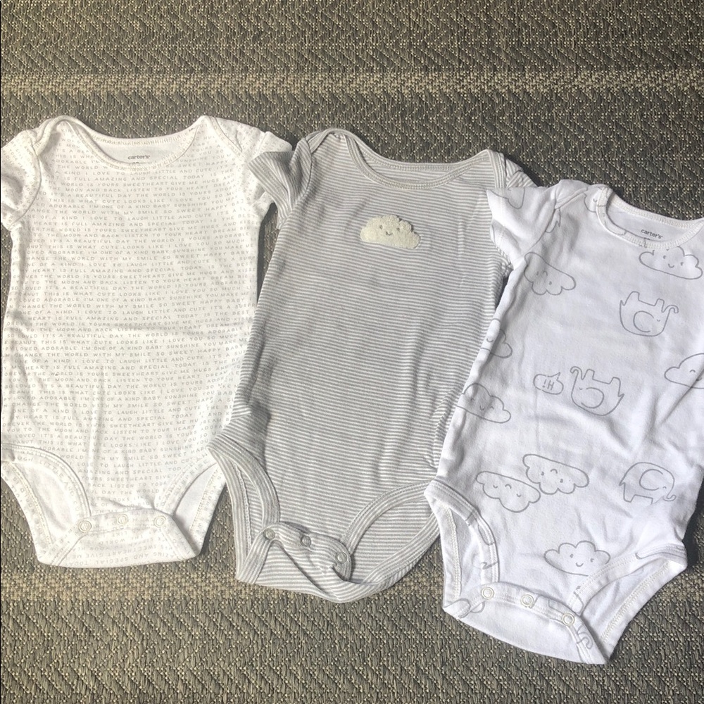 3 Carter's White & Light Gray Cloud and Elephant Bodysuit Trio